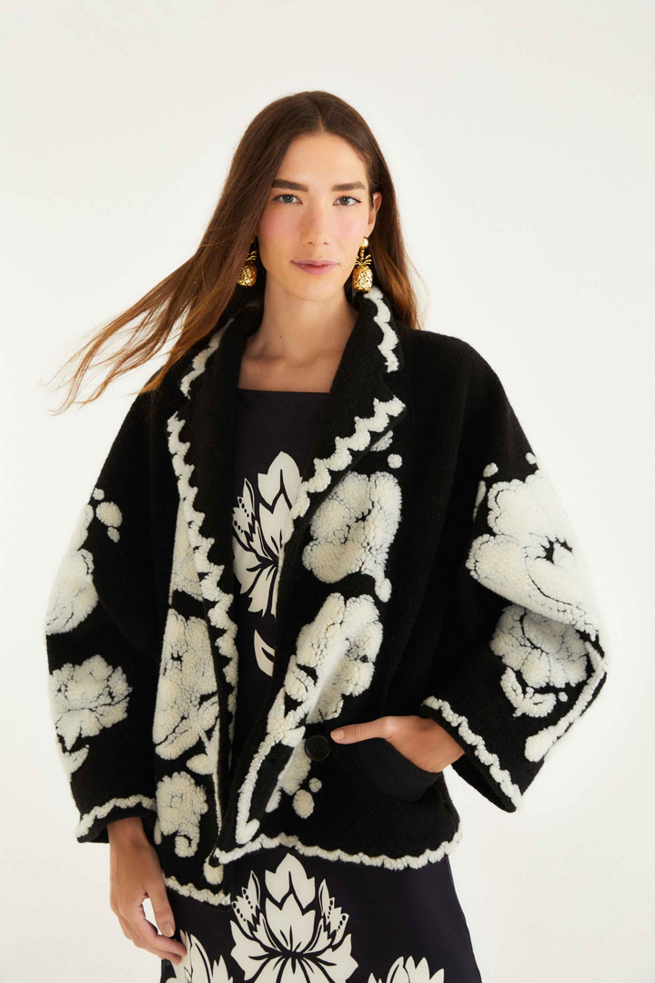 FARM RIO | FLORAL ARABESQUE FLEECE COAT