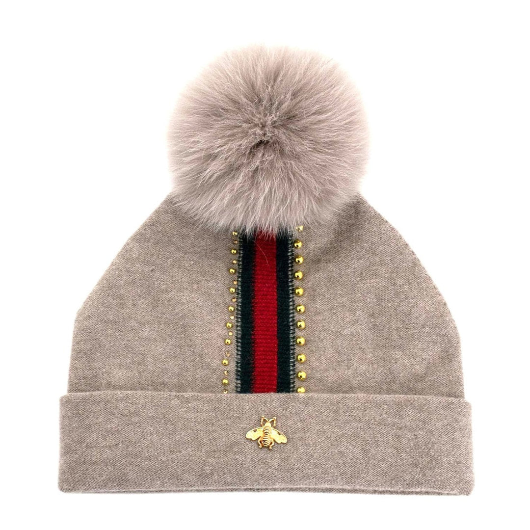 Beige Embellished Bee Beanie
