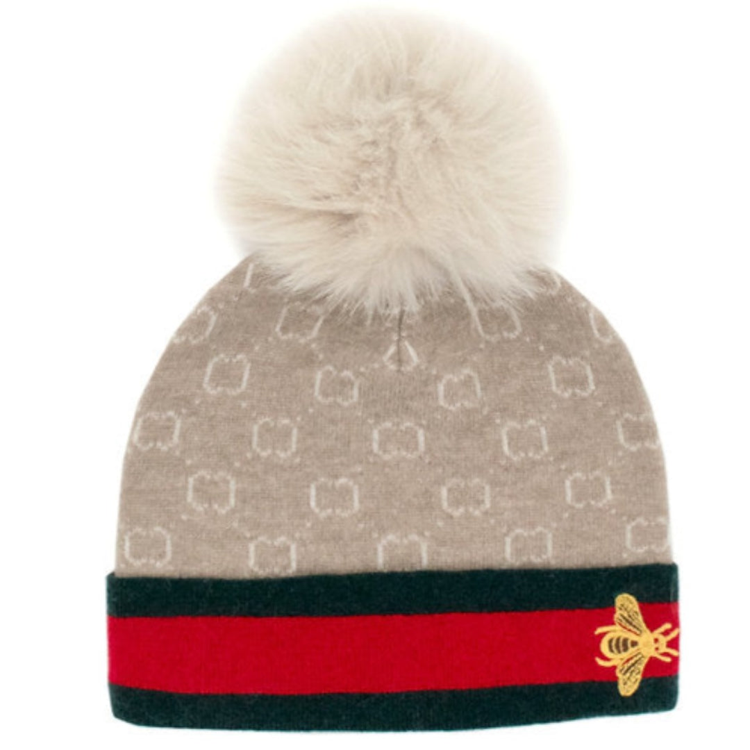 Beige Beanie Embroidered Bee