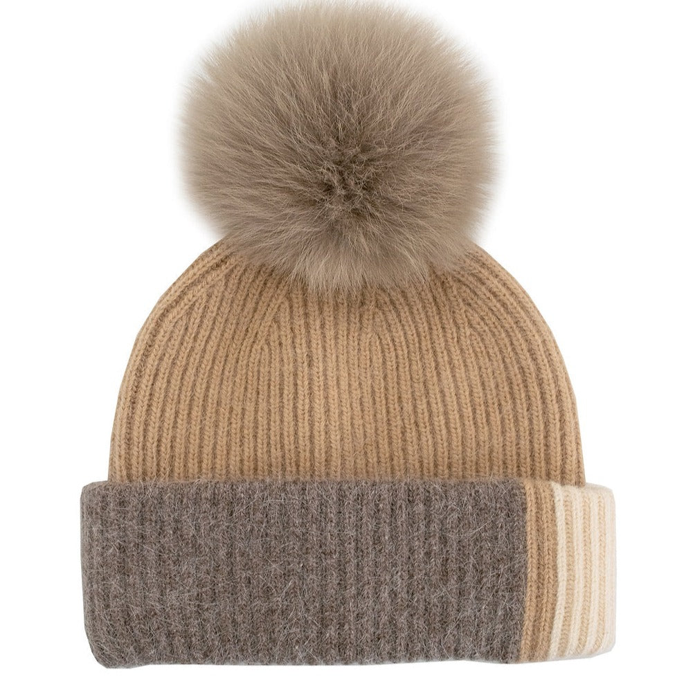 3 tone Colorblock beanie with fox pom