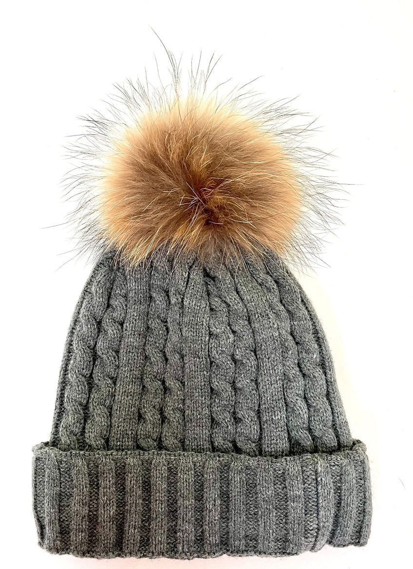 Gray Finn Raccoon Pom Beanie