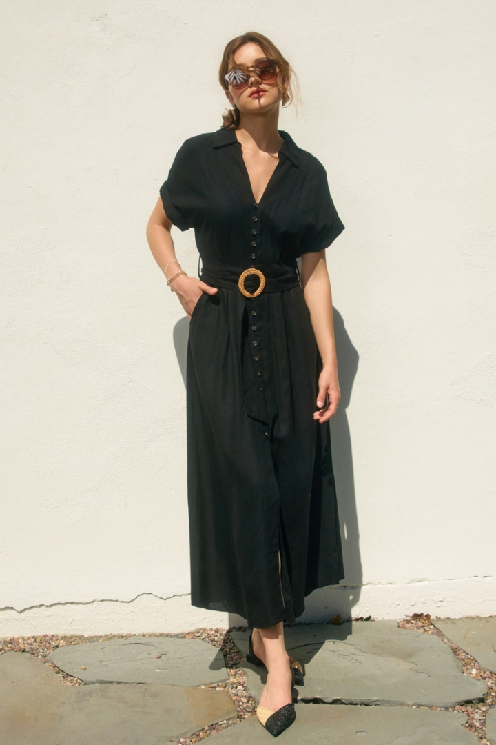 Collared Woven Linen Dress - Black