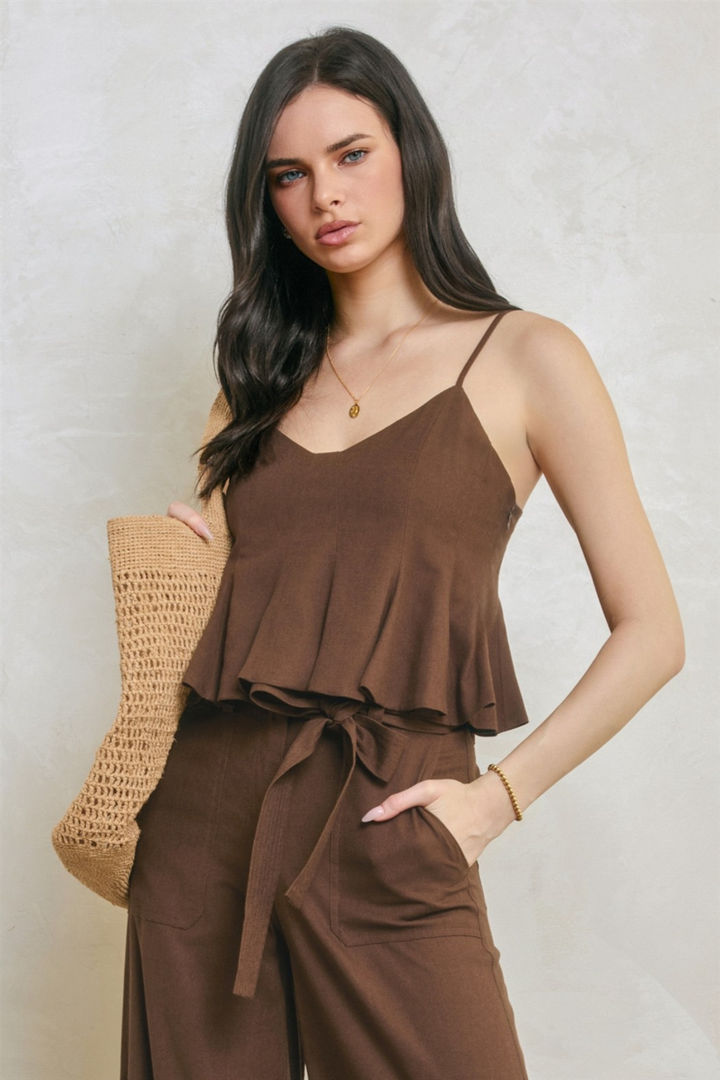 Brown Linen Peplum Top