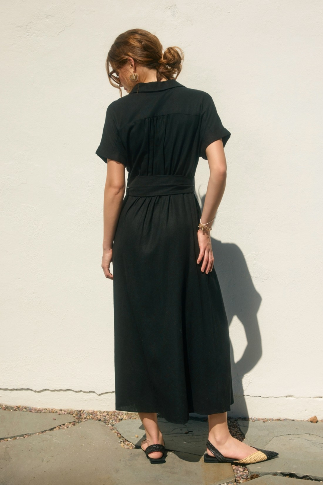 Collared Woven Linen Dress - Black