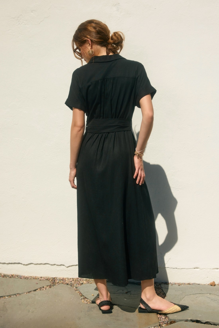 Collared Woven Linen Dress - Black