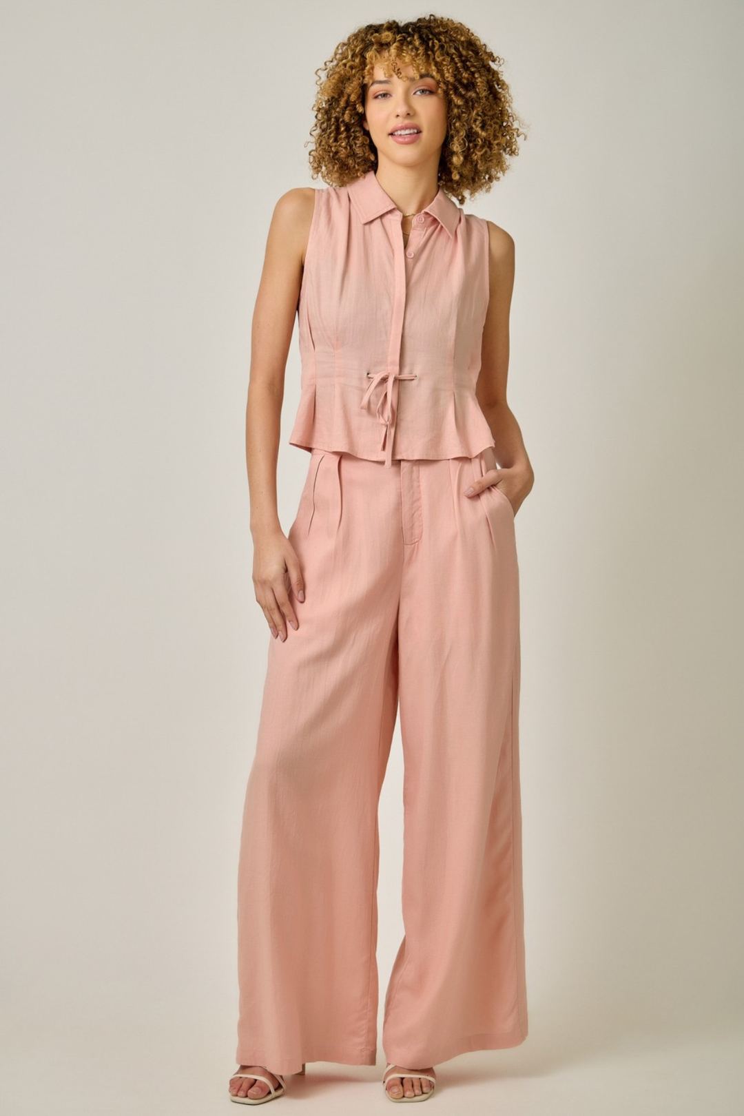 Blush Linen Pleated Top