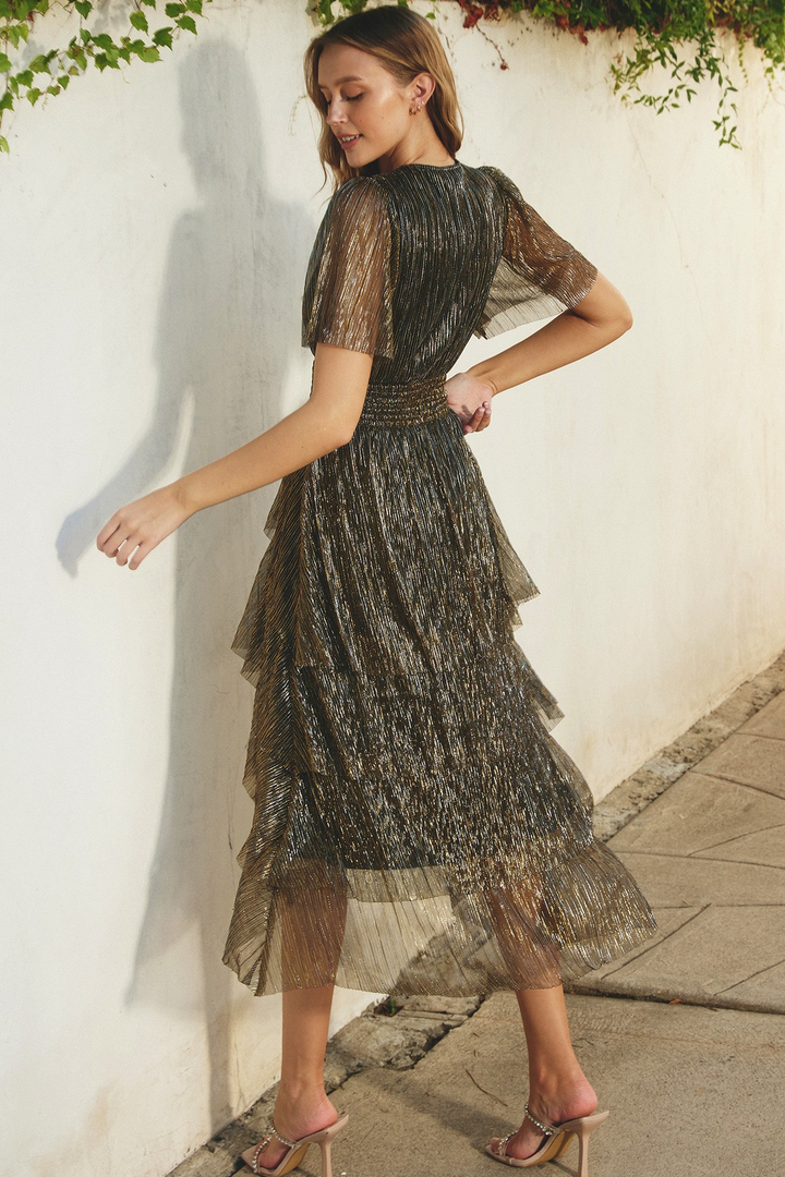Metallic Cinched Waist Tiered Maxi Dress 
