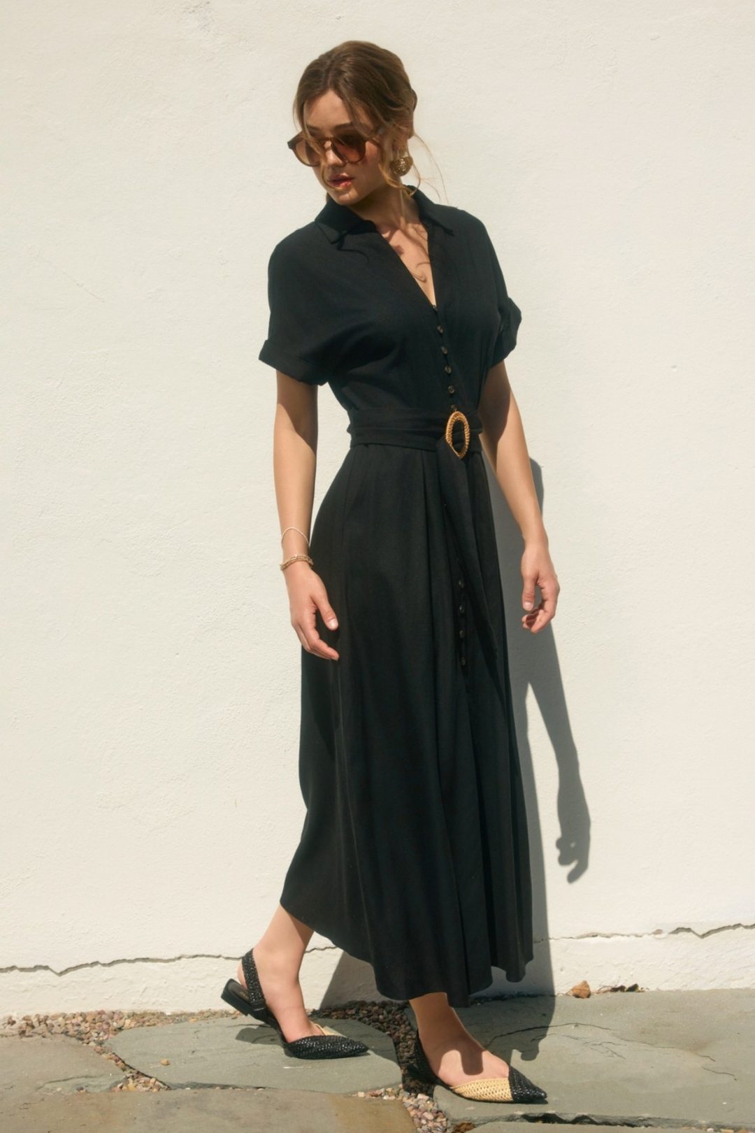 Collared Woven Linen Dress - Black