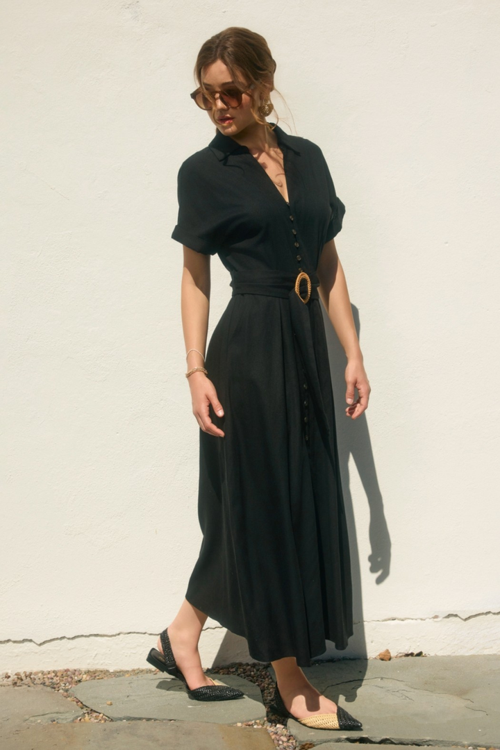 Collared Woven Linen Dress - Black