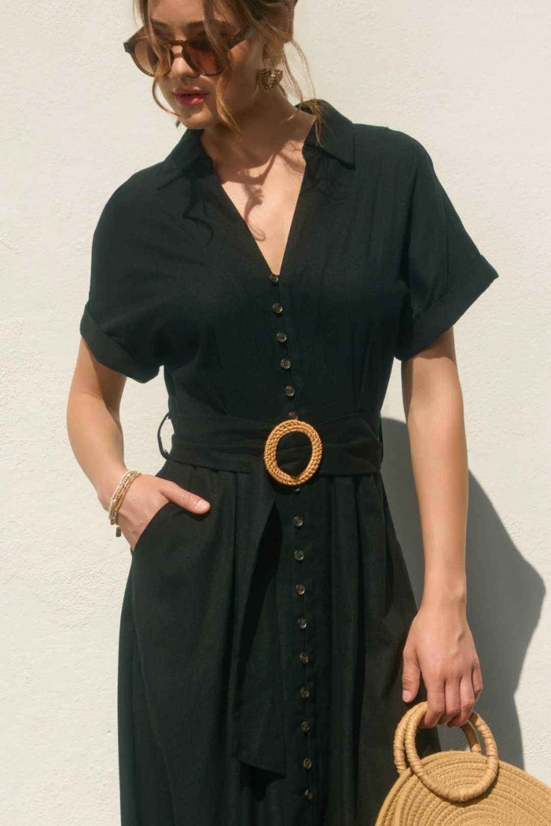 Collared Woven Linen Dress - Black