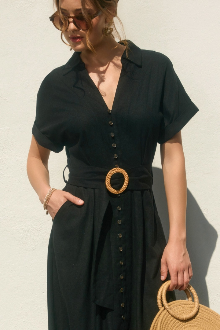 Collared Woven Linen Dress - Black