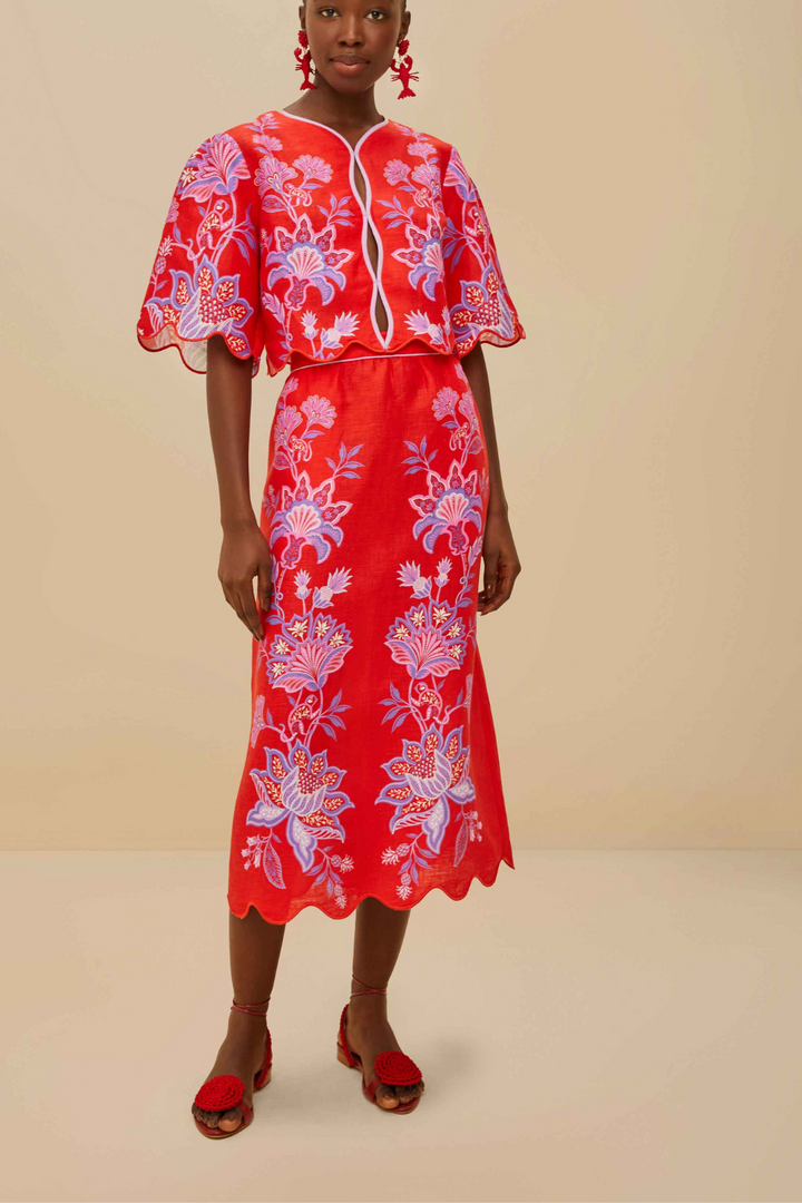 PORCELAIN GARDEN RED MIDI SKIRT