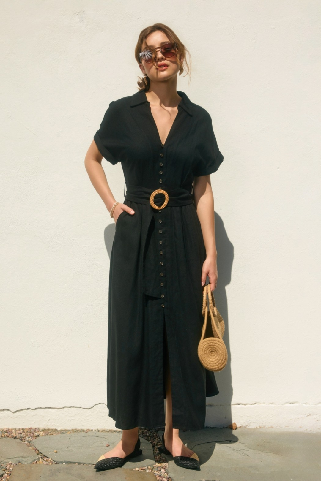 Collared Woven Linen Dress - Black