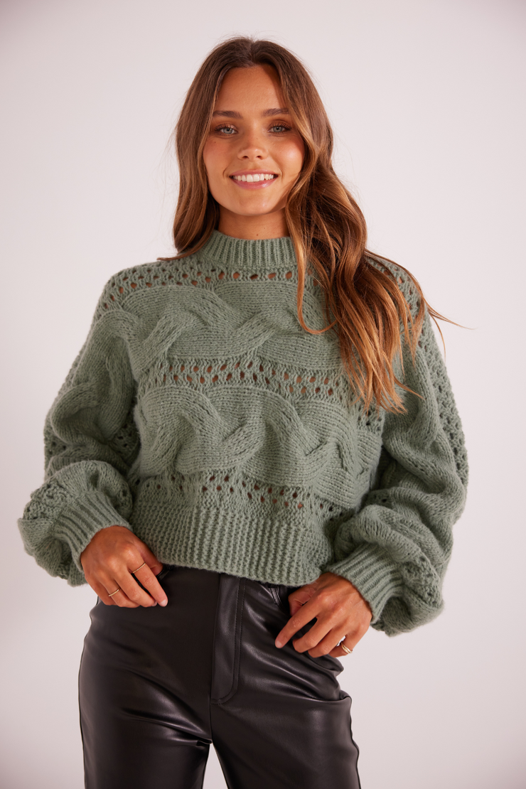 MINKPINK KAINE CABLE SWEATER- MINT