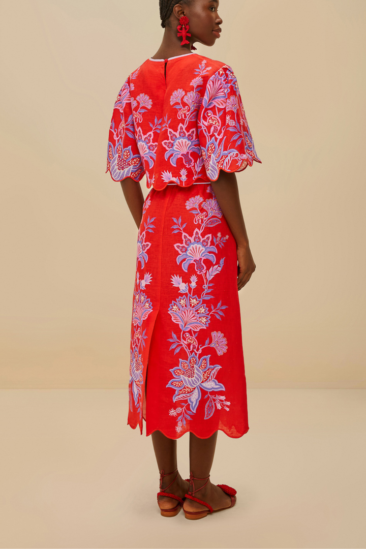 PORCELAIN GARDEN RED MIDI SKIRT