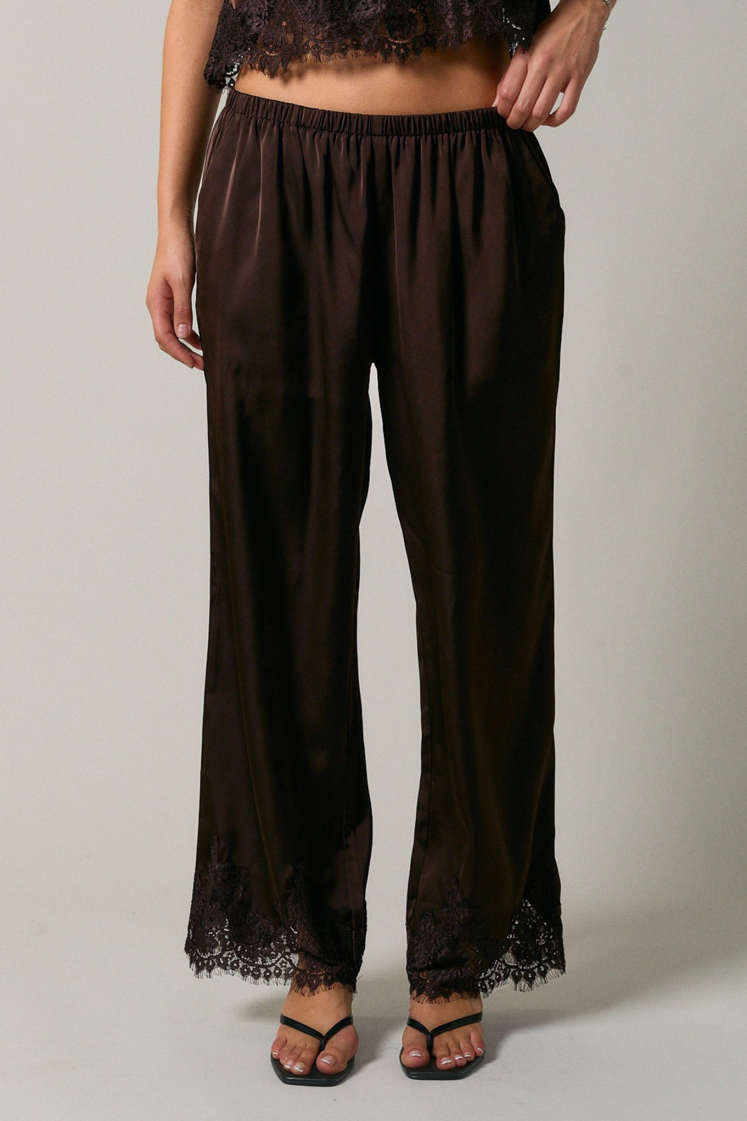 Lace Trim Wide Leg Pants - Brown
