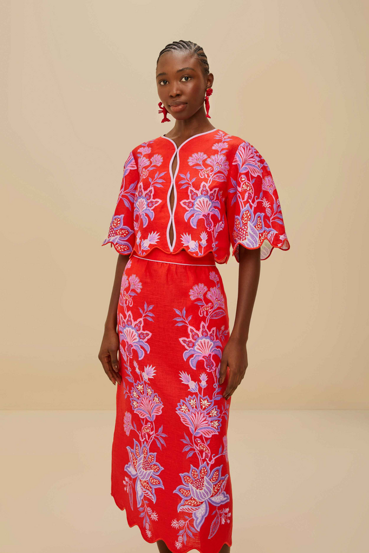 PORCELAIN GARDEN RED MIDI SKIRT
