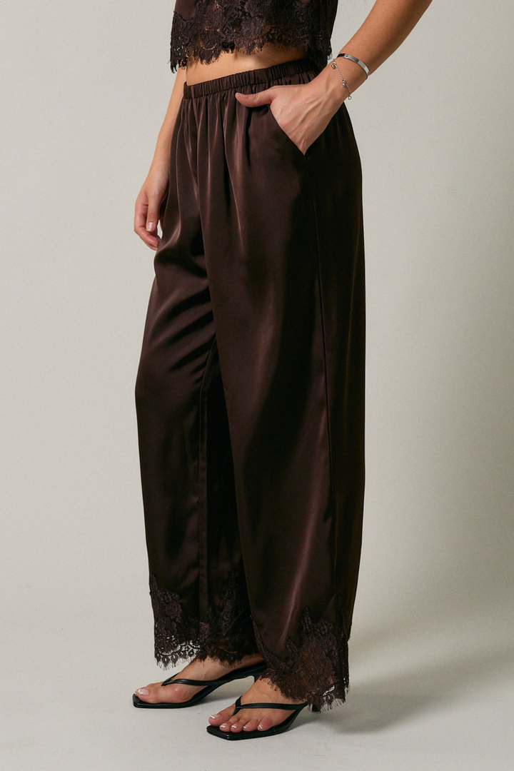 Lace Trim Wide Leg Pants - Brown