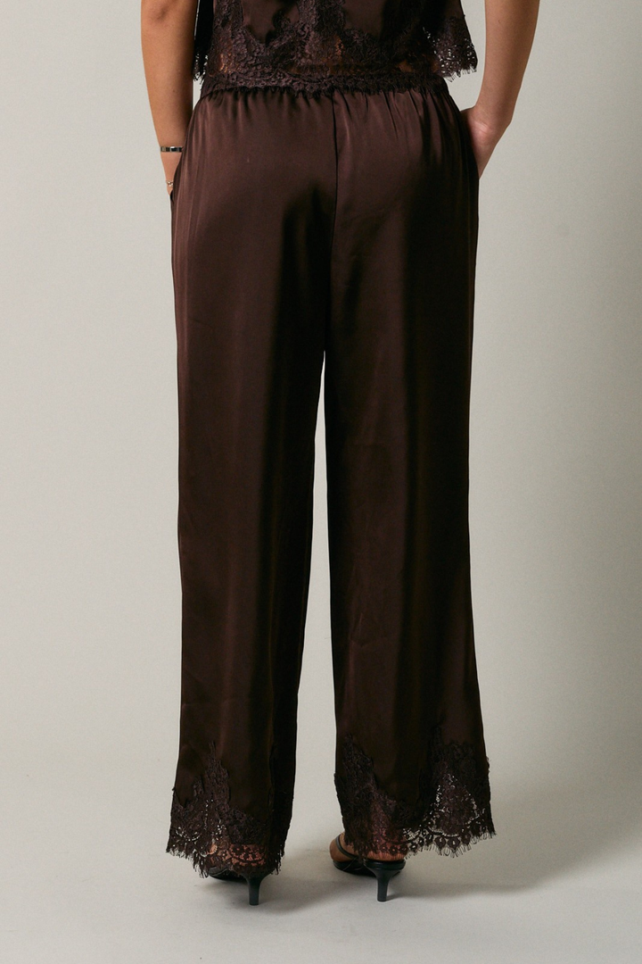 Lace Trim Wide Leg Pants - Brown
