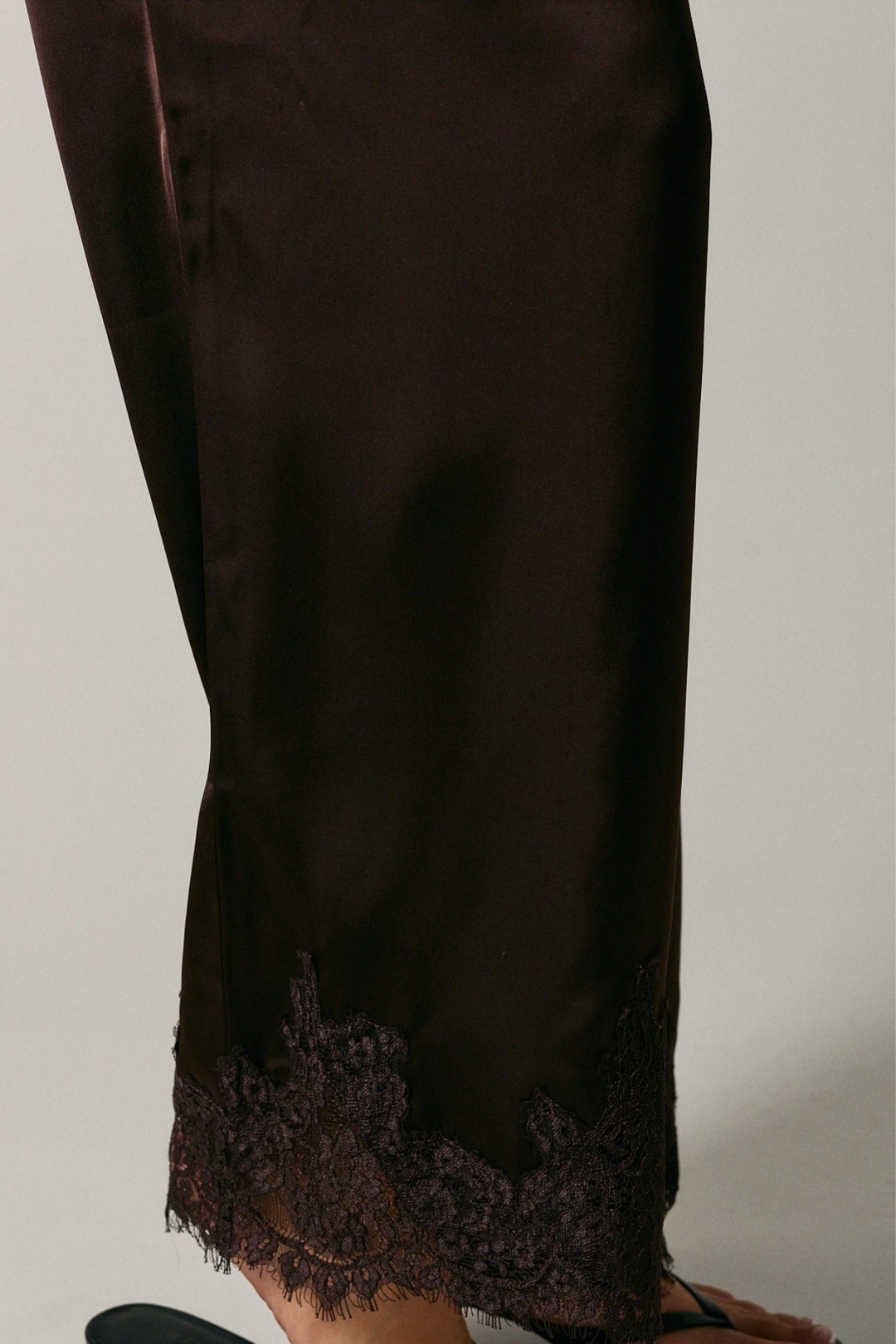 Lace Trim Wide Leg Pants - Brown