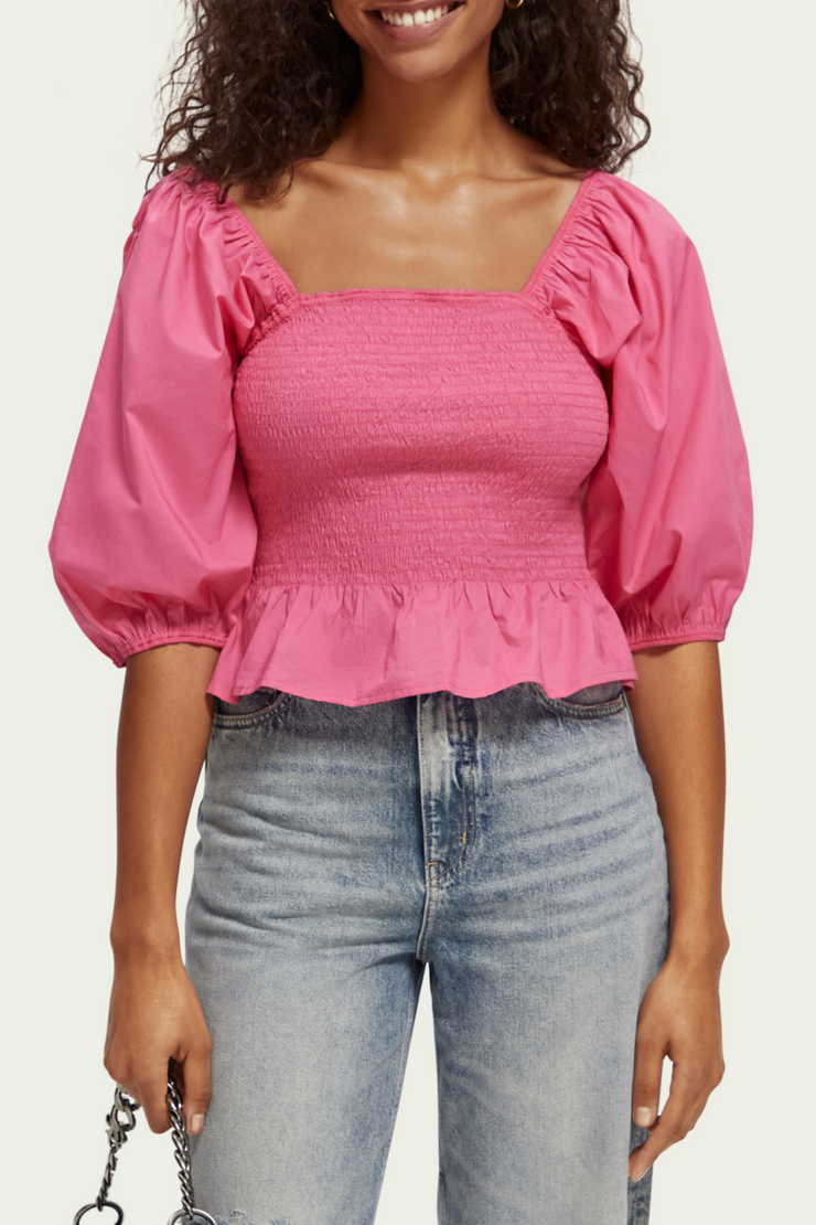 SCOTCH & SODA Smocked Puff Sleeve Top- Pink Punch