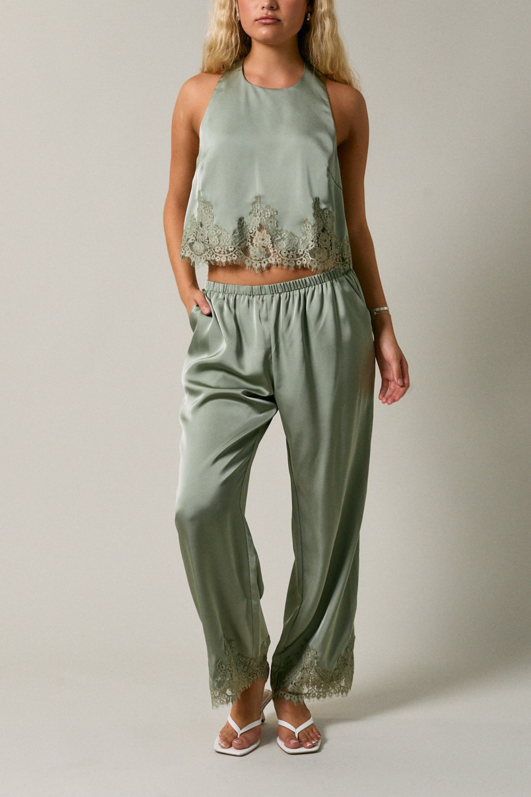 Halter Neck Lace Top - Sage