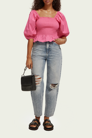 SCOTCH & SODA Smocked Puff Sleeve Top- Pink Punch