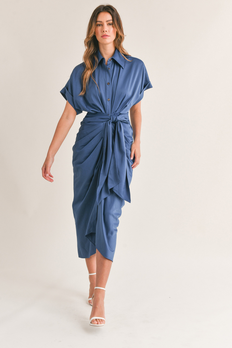BUTTON DOWN SATIN DRESS WITH FRONT TIE 