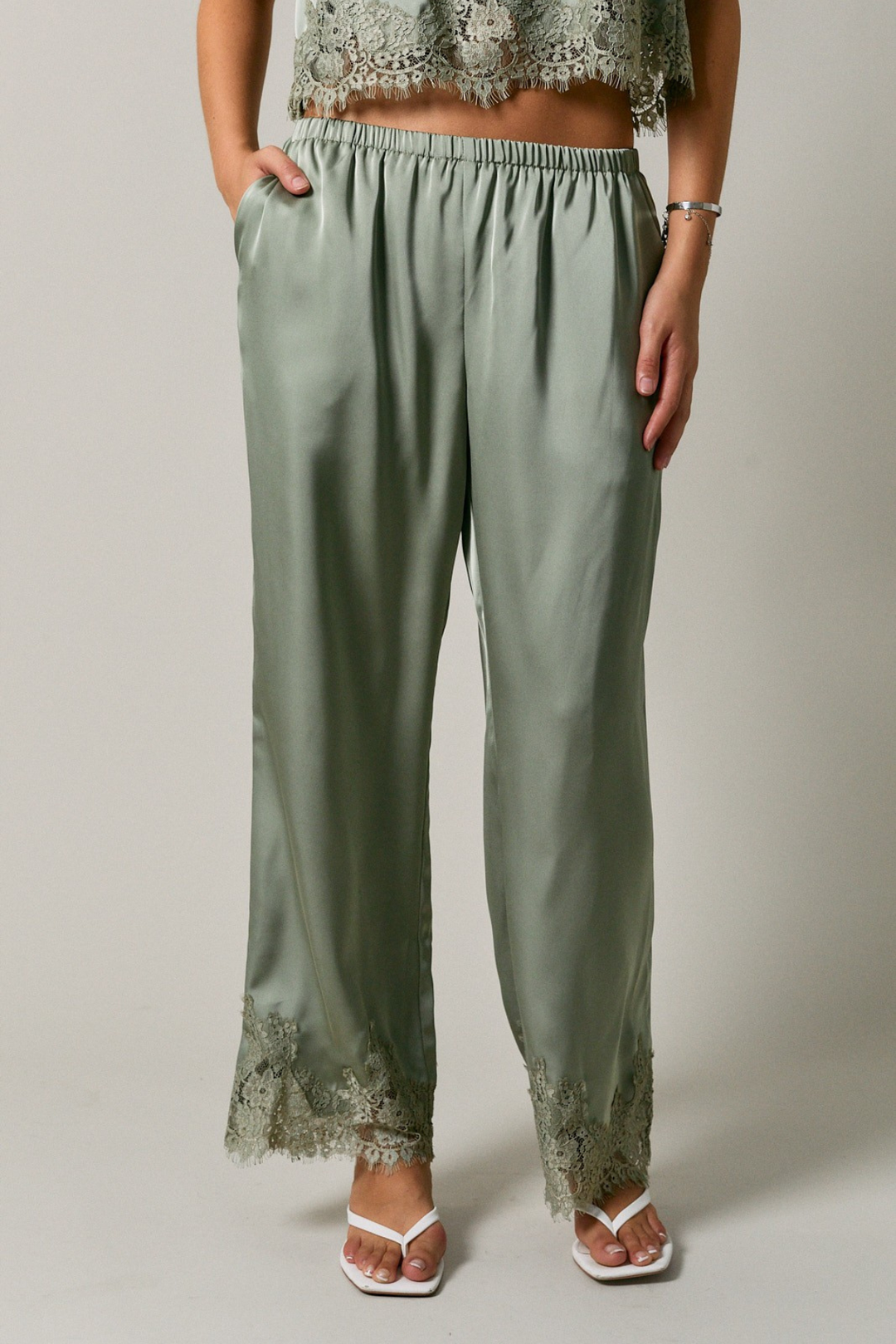 Lace Trim Wide Leg Pants - Sage