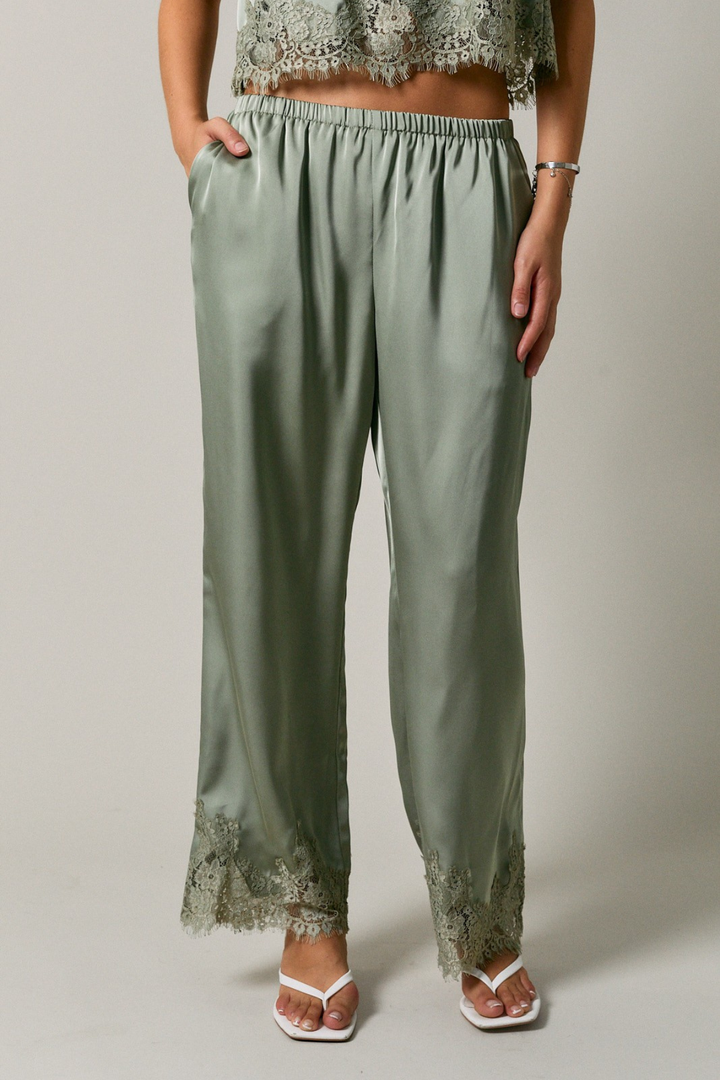 Lace Trim Wide Leg Pants - Sage