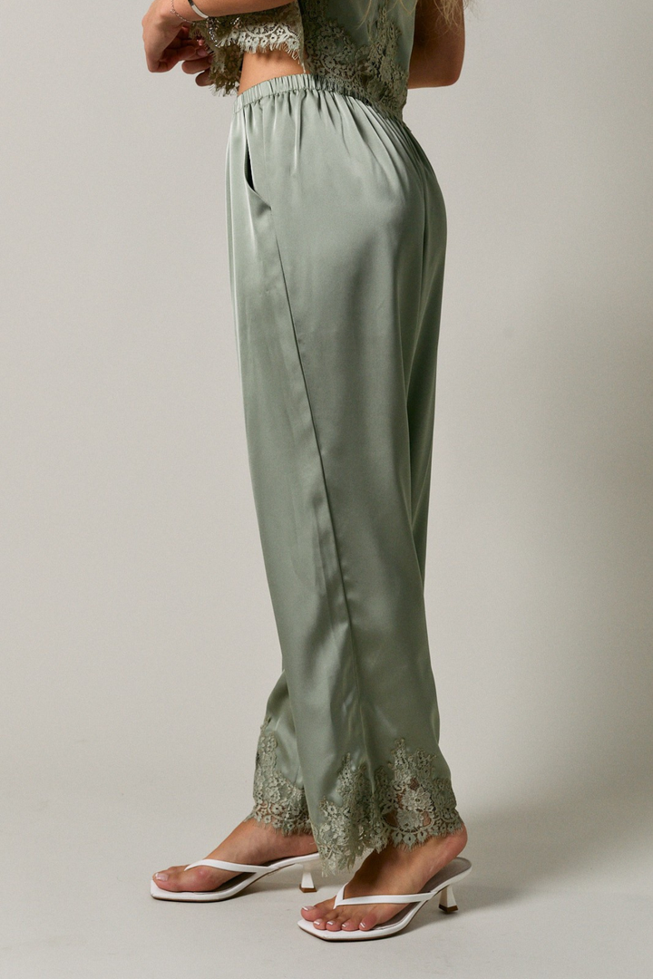 Lace Trim Wide Leg Pants - Sage