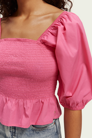 SCOTCH & SODA Smocked Puff Sleeve Top- Pink Punch