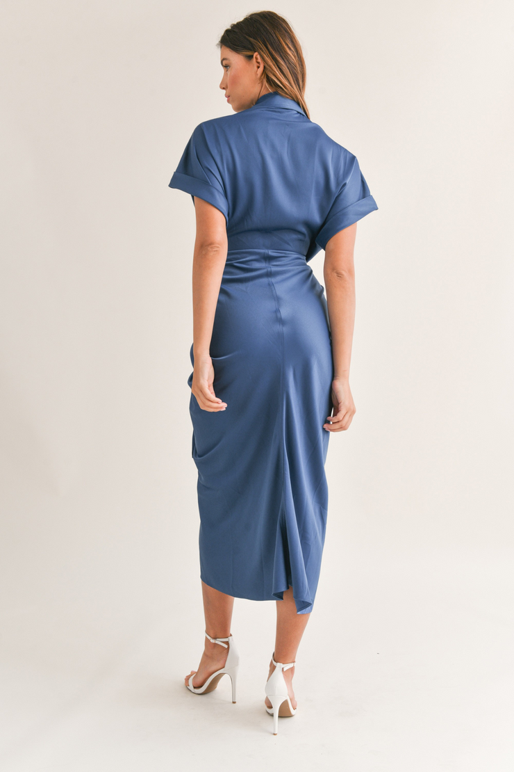 BUTTON DOWN SATIN DRESS WITH FRONT TIE 