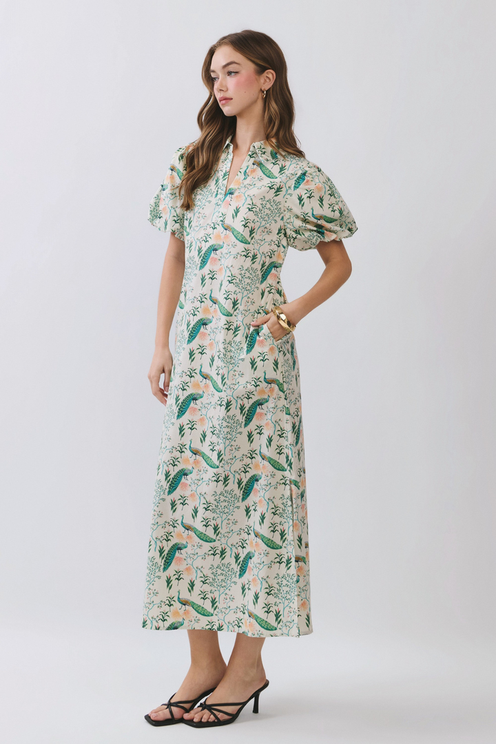 Creamy Peacock Puffsleeve Dress