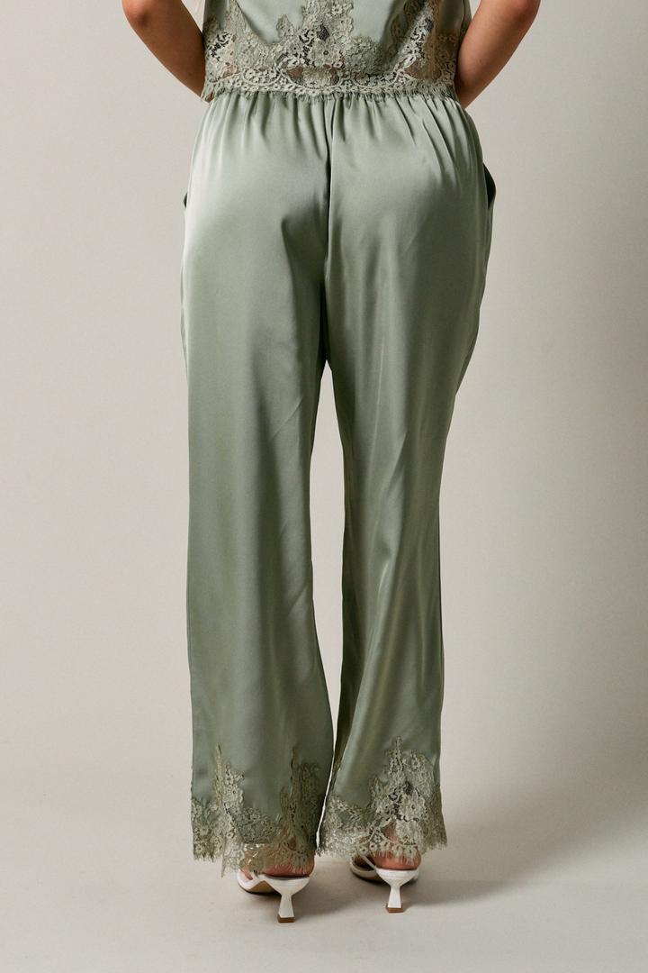 Lace Trim Wide Leg Pants - Sage