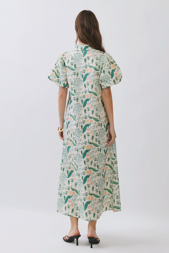 Creamy Peacock Puffsleeve Dress