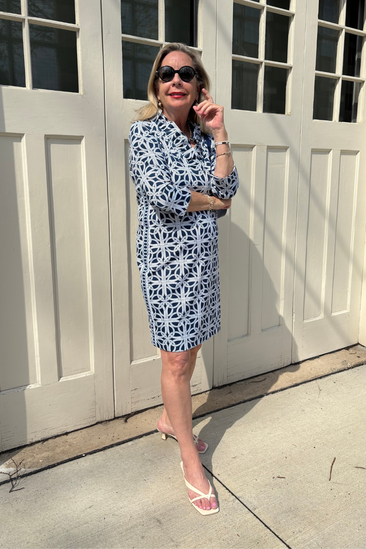 Gretchen Scott | Ruffleneck Dress- Navy Ring Toss