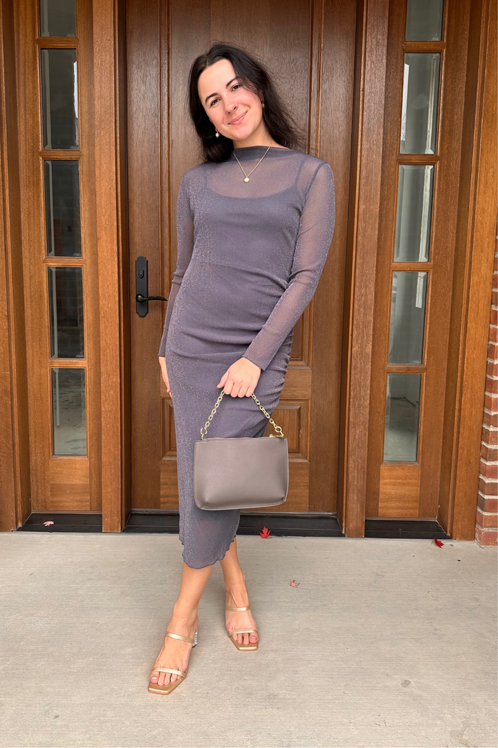 Lurex Detailed Mesh Draped Midi Dress