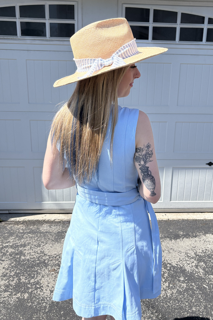 Blue Belted Mini Pleat Dress