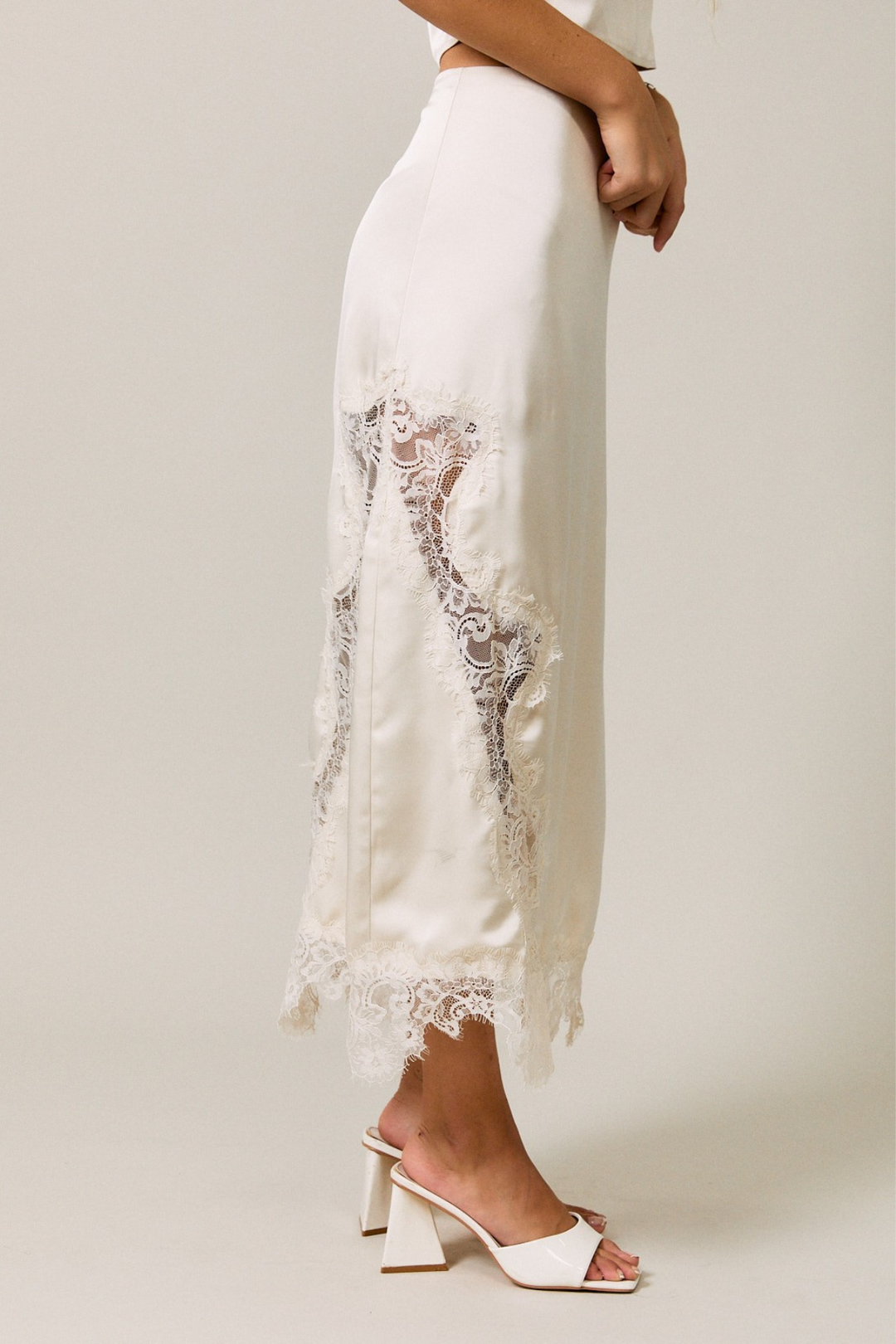 Lace Trim Midi Skirt - Cream