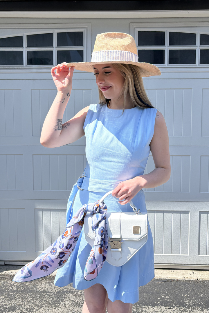 Blue Belted Mini Pleat Dress