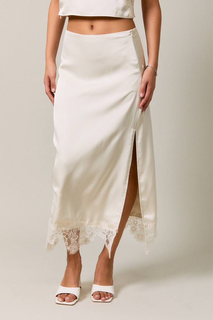 Lace Trim Midi Skirt - Cream
