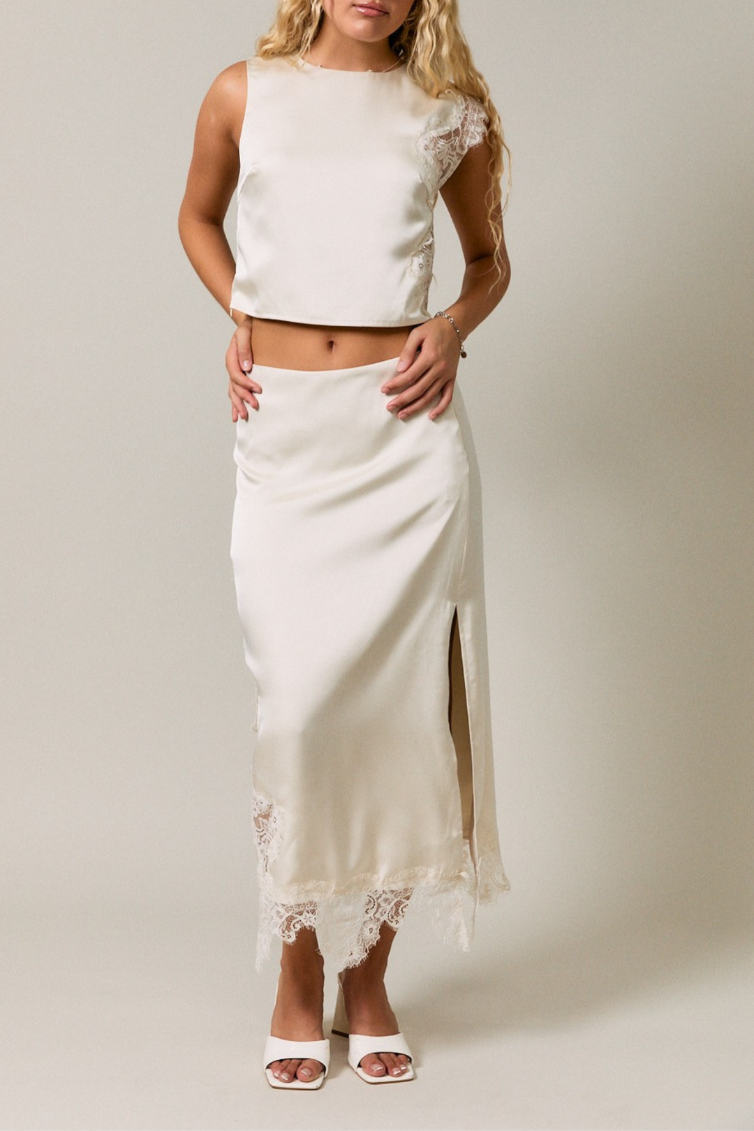 Lace Trim Midi Skirt - Cream