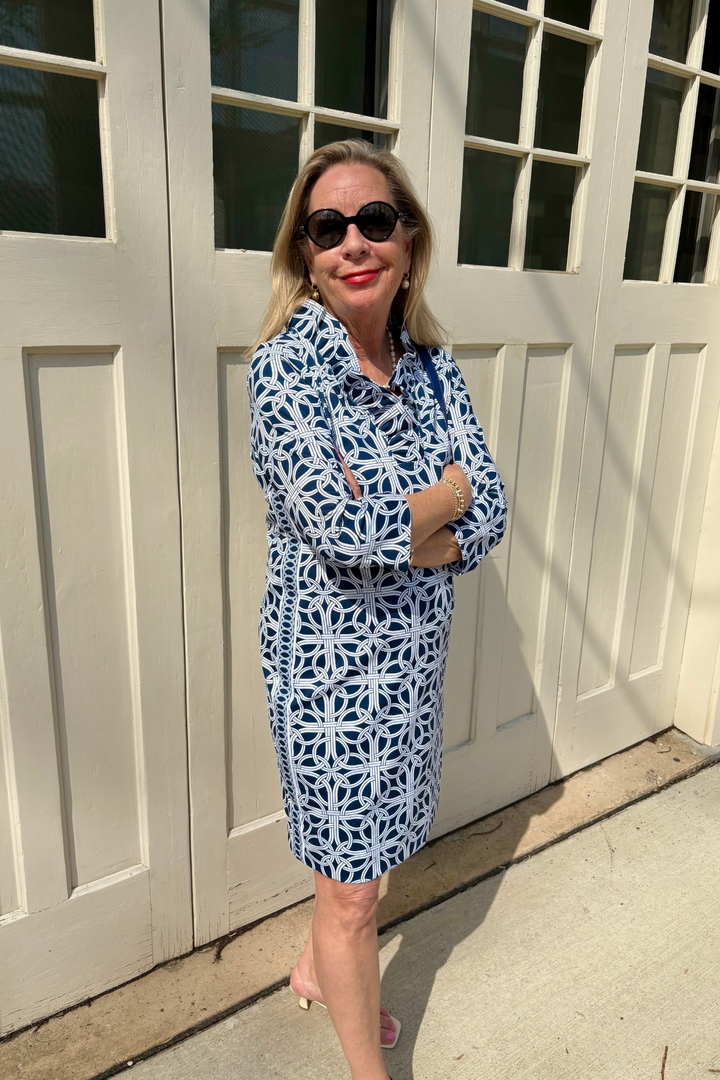 Gretchen Scott | Ruffleneck Dress- Navy Ring Toss