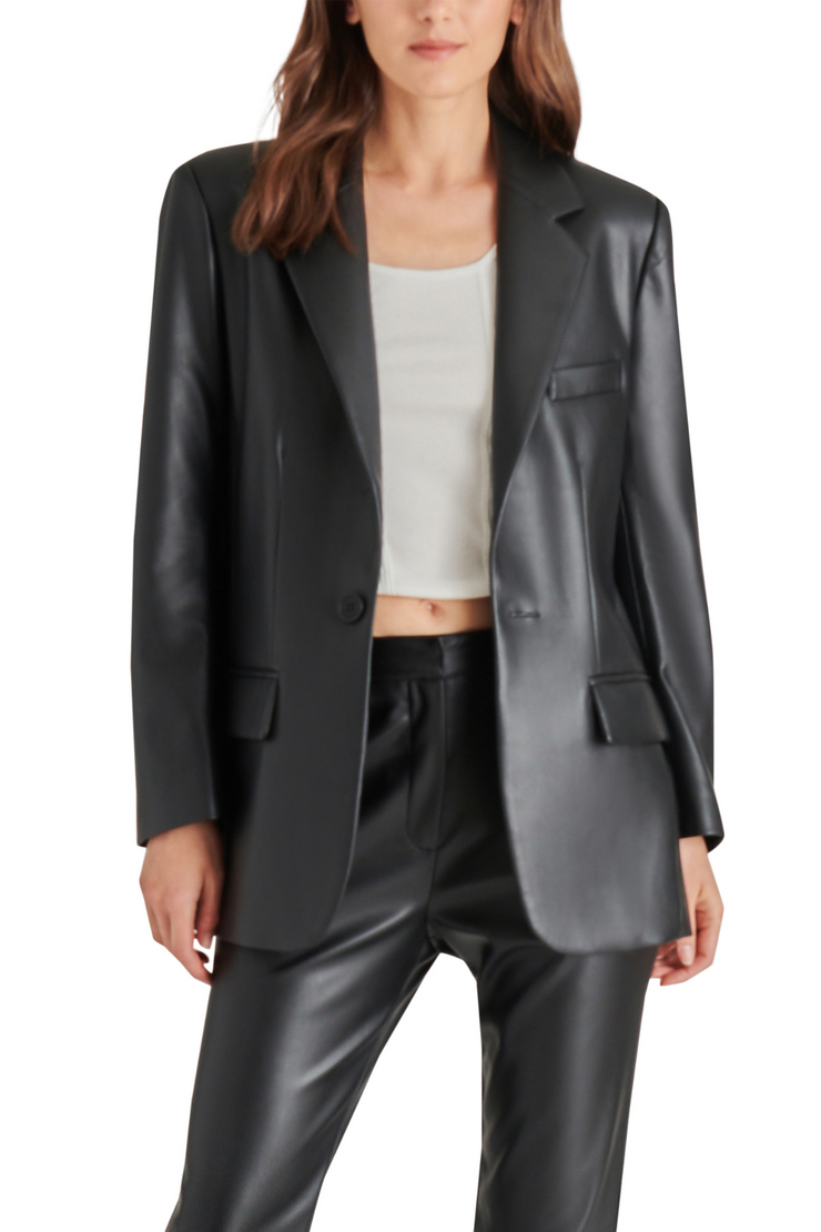 STEVE MADDEN IMAAN FAUX LEATHER BLAZER- BLACK