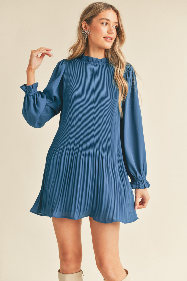 PLEATED HIGH NECK MINI DRESS 