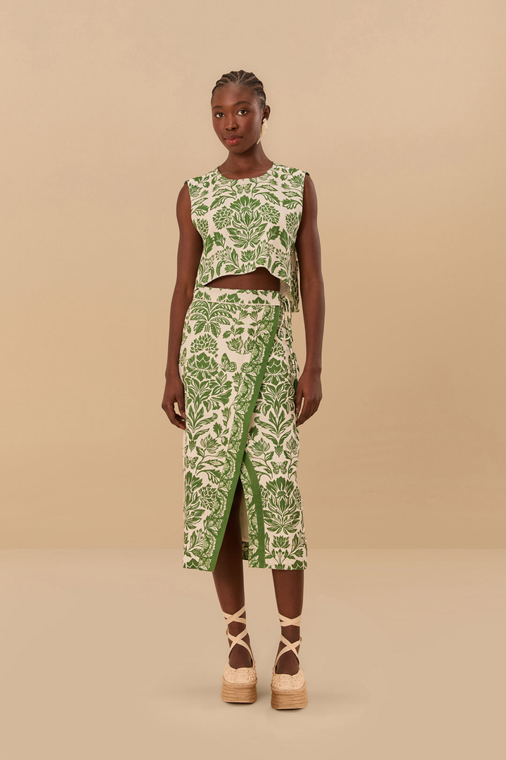 FARM RIO | DELICATE TAPESTRY GREEN MIDI SKIRT