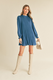 PLEATED HIGH NECK MINI DRESS 
