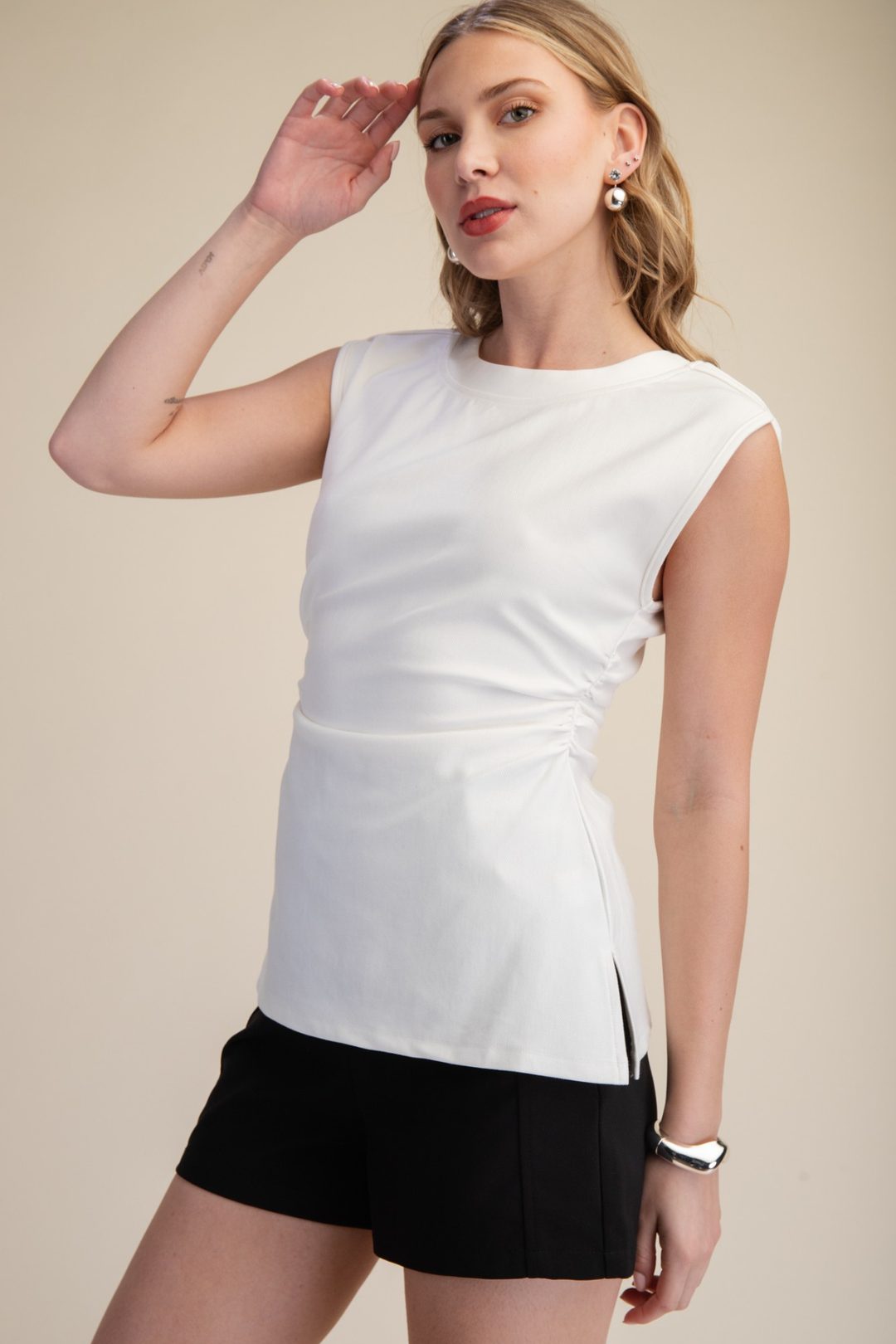 Side Gathered Top - White