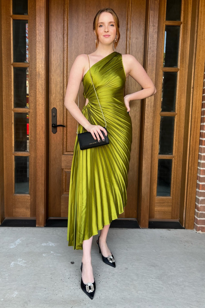 Stella Pleated Midi Dress- Olive Green